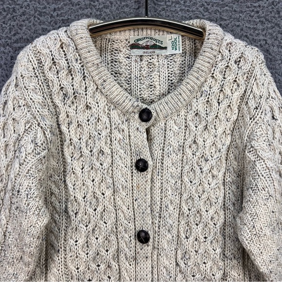 VTG ARAN CRAFTS Cardigan L 100% Wool Fisherman Honeycomb Button Up Beige Ireland - Picture 2 of 13